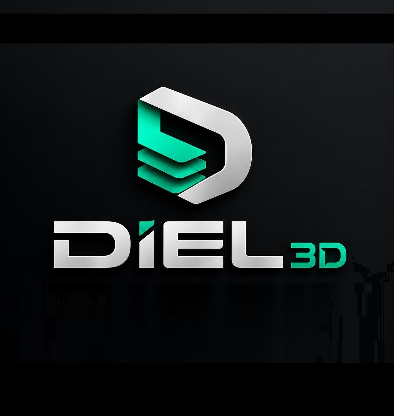 Símbolo Diel3D em prata e verde, com camadas que representam a impressão 3D